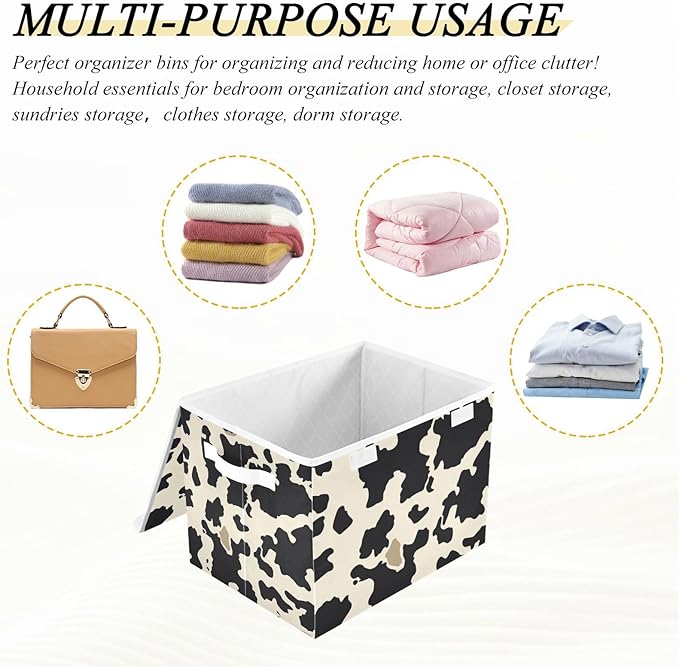 Collapsible Storage Bins with Lids Decorative Fabric Storage Cubes Closet Organizer and Storage Basket Boxes Containers for Clothes Box Chest Nursery Folding Rectangle Beige Black Cow Print