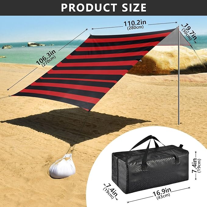 ALAZA Red Black Stripes Beach Tent Sun Shelter Portable Canopy Sunshade for Outdoor Camping Picnics Backyard Fun 10x9 ft