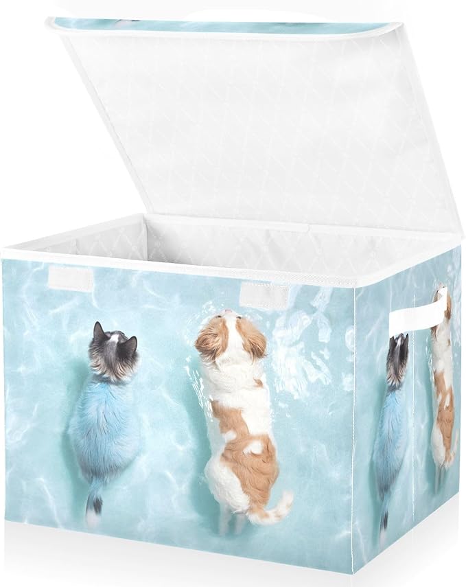 Storage Cube with Lid Swimming Dog Cat Print 16.5×12.6×11.8 IN Collapsible Large Capacity Foldable Storage Basket Bin Organizer