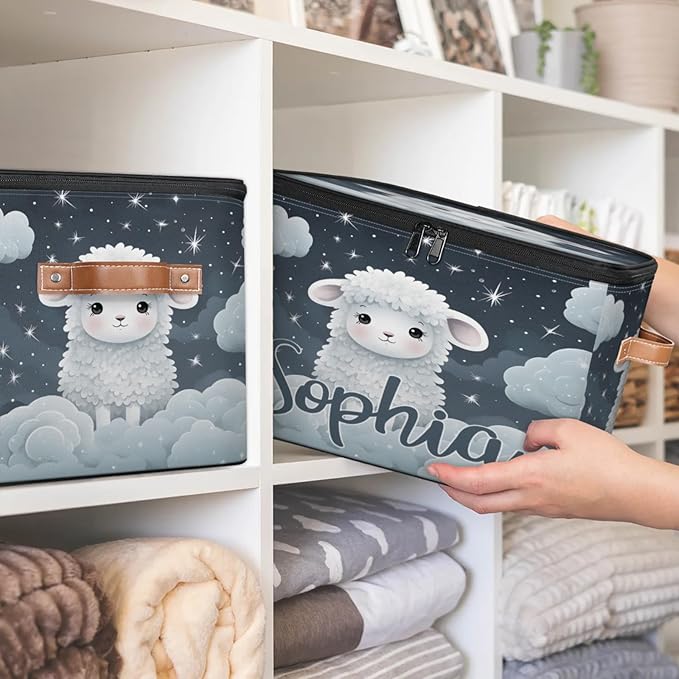 Custom Storage Basket with Name Personalized Storage Bins with Zipper Lid Foldable Fabric Storage Box Large capacity with Handle Cloud Sheep