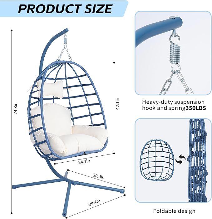 Hanging Egg Chair with Stand Outdoor Indoor Patio Rattan Swing Hammock Chairs with Washable Cushion 350lbs Capacity PE Wicker Swing Chair for Backyard Bedroom Garden (Blue + White Cushion)