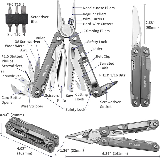 ROCKTOL Multitool Pliers EDC Multitool Pocket Knife VG10 Blade 27-in-1 Multi-tool with Titanium-plated Handle Precision Screwdriver Gut Hook for Hunting Backpacking Hiking Camping (Gen-R)