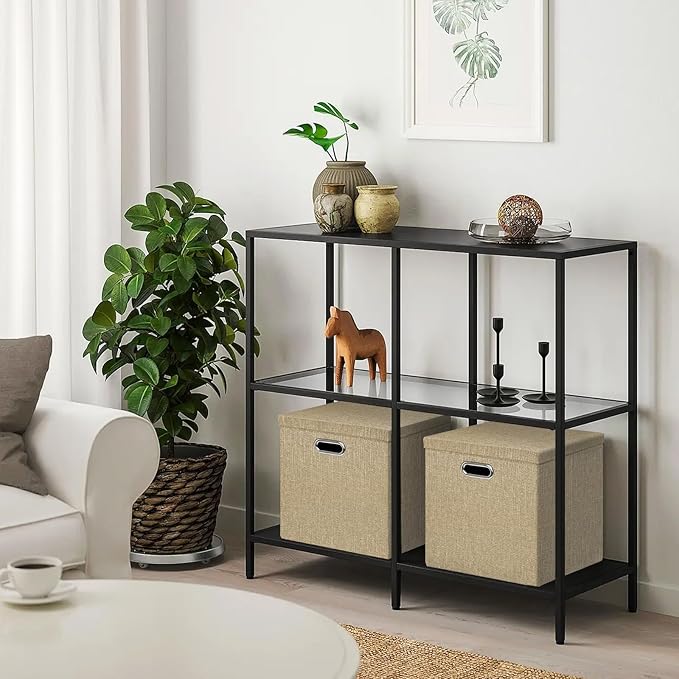 Linen Storage Bins with Lids13 x 13 Inch Foldable Fabric Cube Baskets Boxes Organizer for Closet Shelves and Home. (Khaki (13x13) 2 pack)