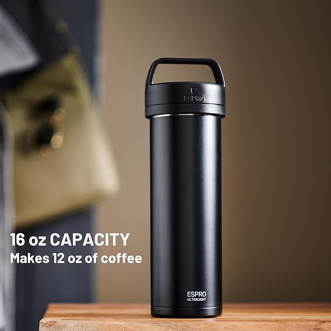 ESPRO Go P0 Ultralight French Press Coffee Maker for Travel Vacuum Insulated Stainless Steel 16 Ounces Matte Meteorite Black