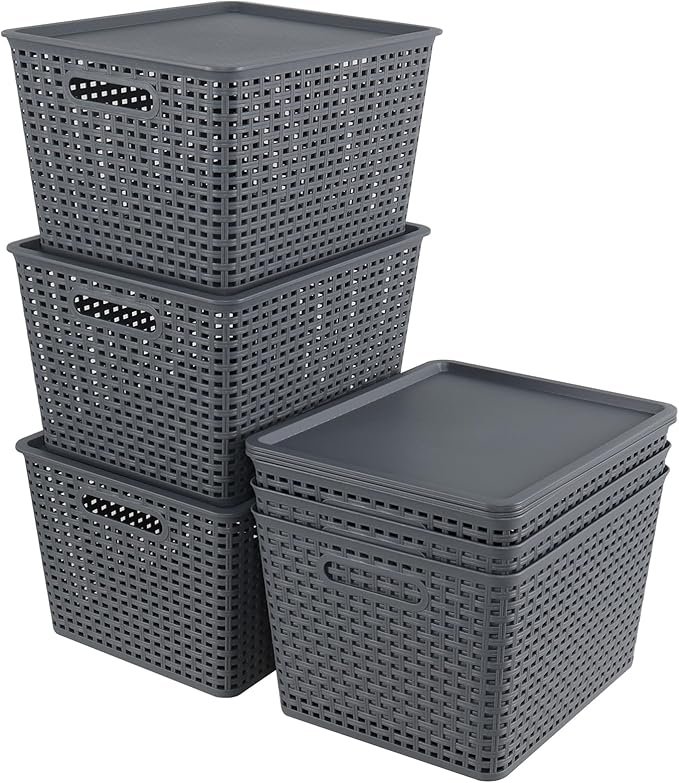 6 Pack Plastic Storage Bins with Lids Stackable Storage Baskets with Handles Large Organizer Bins for Desk Shelves Office Plastic Container Bins for Pantry Organizers and Storage Grey