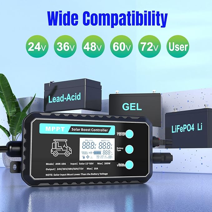 10A Waterproof Boost MPPT Solar Charge Controller Solar Panel for LiFePO4 Gel Batteries Solar Charge 48 Volt Golf Cart BatteriesElectric Bike Electric SkateboardElectric Surfboard Batteries etc