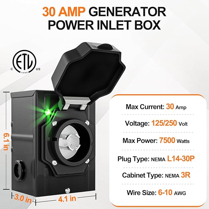 30 Amp Generator Inlet Box with Green Safety Light NEMA L14-30P Power Inlet Box for 4 Prong Generator Cord ETL Listed 125/250 Volt 7500 Watts for RV Outdoor