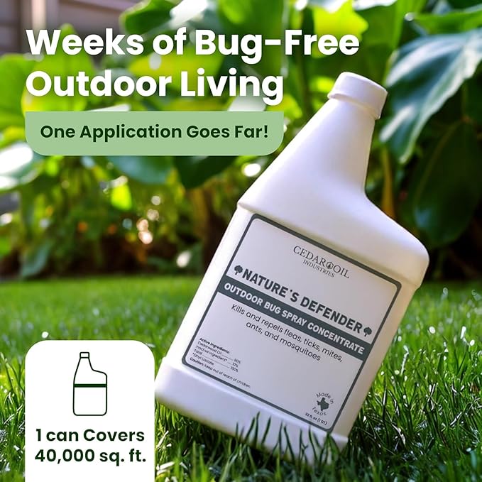 Nature's Defender Outdoor Pest Control Spray – All-Natural Cedarwood Oil Formula for Mosquitoes Ticks Fleas and Ants – Safe for Pets Kids and Plants – 32 oz Concentrate Treats 40000 sq. ft
