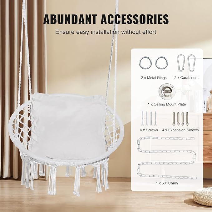 VEVOR Hanging Hammock Swing Chair 330 lbs Capacity Macramé Hanging Chair with Cushion and Mounting Hardware Cotton Rope Swing Chair for Bedroom Balcony Patio Garden White