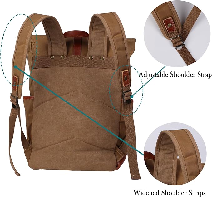Heavy-Duty Wax Canvas with Top Layer Cowhide Retro Backpack Suitable for Men and Women'S Leisure/Hiking/Traveling/College Canvas Backpack(8431-Khaki)
