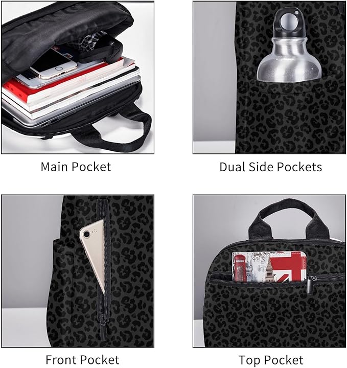 Dark Gray Black Leopard Cheetah Print Laptop Backpack Waterproof Book Bags Multipurpose Laptop Backpack for Hiking Camping College