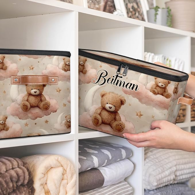 Storage-Bins with Lids Personalized Closet-Storage-Bins Under-Bed Stackable-Cubes-Box for Home Bedroom Bear Pink