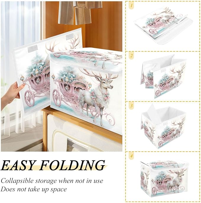 senya Christmas Baskets Collapsible Storage Bins with Lids Pink Christmas Elk Storage Boxes Clothes Baskets for Organizing