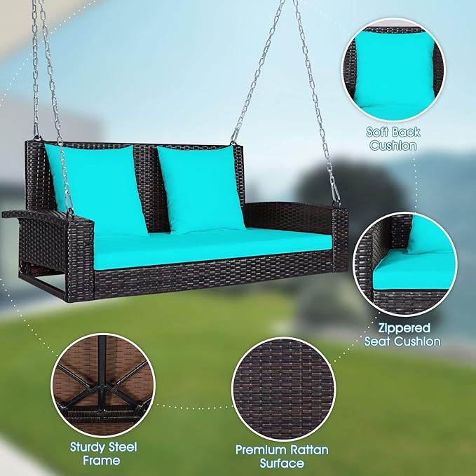 Tangkula 2-Person Wicker Hanging Porch Swing Patiojoy Outdoor Rattan Swing Bench W/ 2 Back Cushions &amp 1 Seat Cushion Sturdy Steel Chain 800lbs Weight Capacity Suitable for Deck Backyard Gard