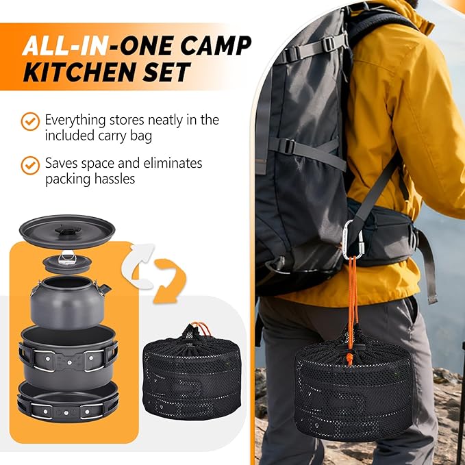 ROVSUN 34/10/6 pcs Camping Cookware Mess Kit Lightweight Non-Stick Camping Cooking Pot and Pan Set with Stainless Steel Camping Gear Kettle Cup for Open Fire Backpacking Outdoor Cooking