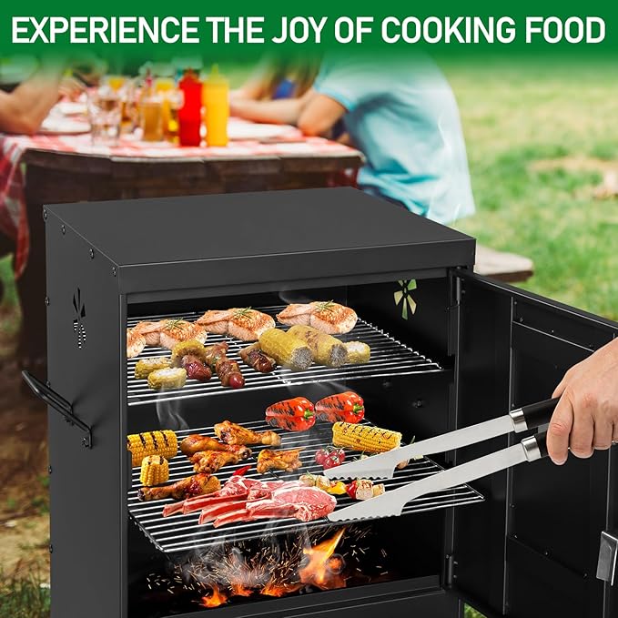 ROVSUN 2-in-1 Outdoor Smoker with Double Doors Vertical Portable Charcoal Grill with Two Detachable Grill Smoking Racks and Charcoal Pan Perfect for Camping Barbecue Black