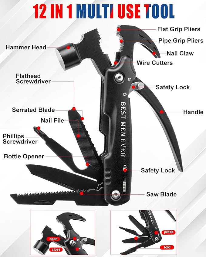 BIBURY Multi-Tool Gifts for Him 12 in 1 Hammer Multitool Gifts for Men Gift for Dad Who Have Everything Mens Valentines Day Gifts Cool Gadgets for Boyfriend Husband