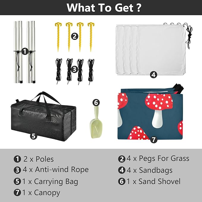 xigua Mushroom Beach Tent Sun Shelter with Carrying Bag - Silver Coated Oxford Fabric Beach Canopy for Beach Camping Fishing - Includes Windproof Ropes Sandbags &amp Stakes