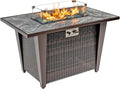 42'' Propane Fire Pit Table Marble Tile Ceramic Tabletop with Glass Wind Guard 50000 BTU Fire Table with Inclined Leg and Art Powder Design Blue Glass Rocks Including Lid&ampCover Brown
