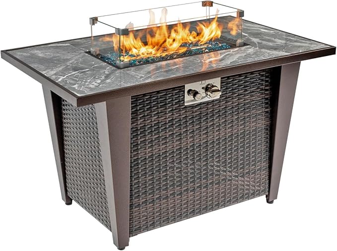 42'' Propane Fire Pit Table Marble Tile Ceramic Tabletop with Glass Wind Guard 50000 BTU Fire Table with Inclined Leg and Art Powder Design Blue Glass Rocks Including Lid&ampCover Brown