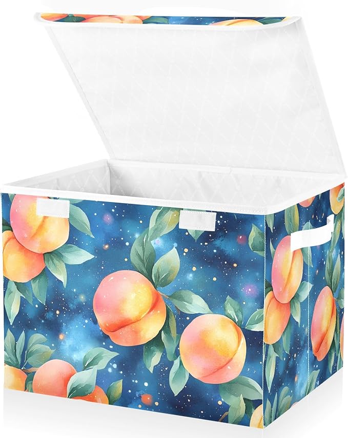 AIXIWAWA Lidded Storage Cube (Watercolor Peaches) Fabric Foldable Closet Bins with Flip Lid and Handles Organizer Basket Container 16.5 x 12.6 x 11.8 IN