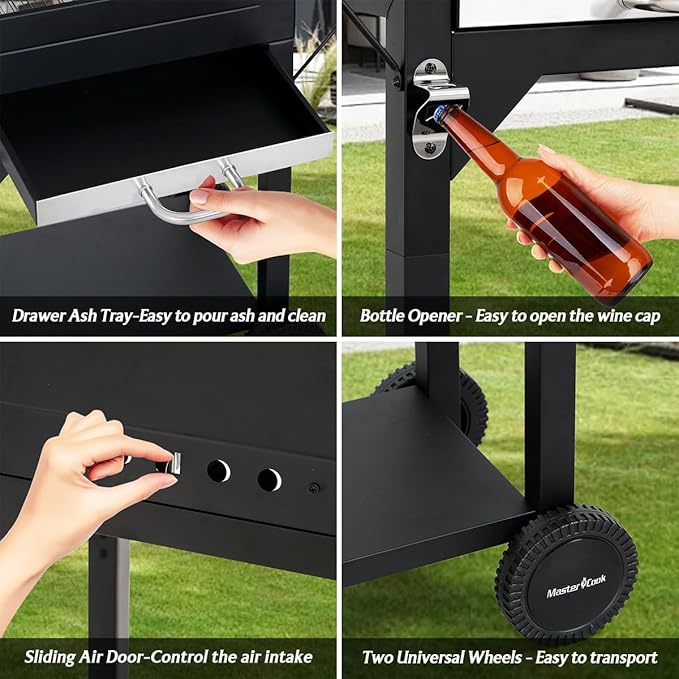 MASTER COOK Charcoal Grills with Two Side Tables 332 SQIN Cooking Area Outdoor Smoker Barbecue bbq grill for Camping PatioBackyard Party Picnic Black