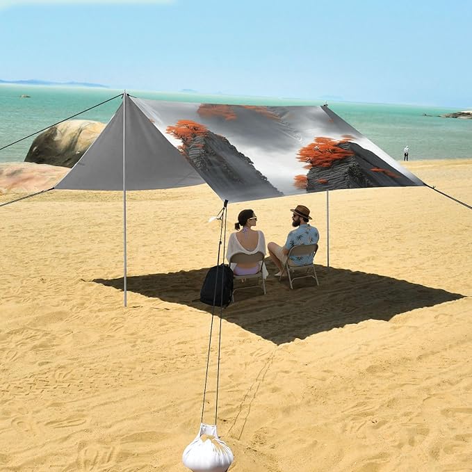 Beach Canopy with Windproof Ropes &amp Sandbags Beach Tent Sun Shade Sun Shelter for Camping Trips Fishing Backyard Fun or Picnics Mountain