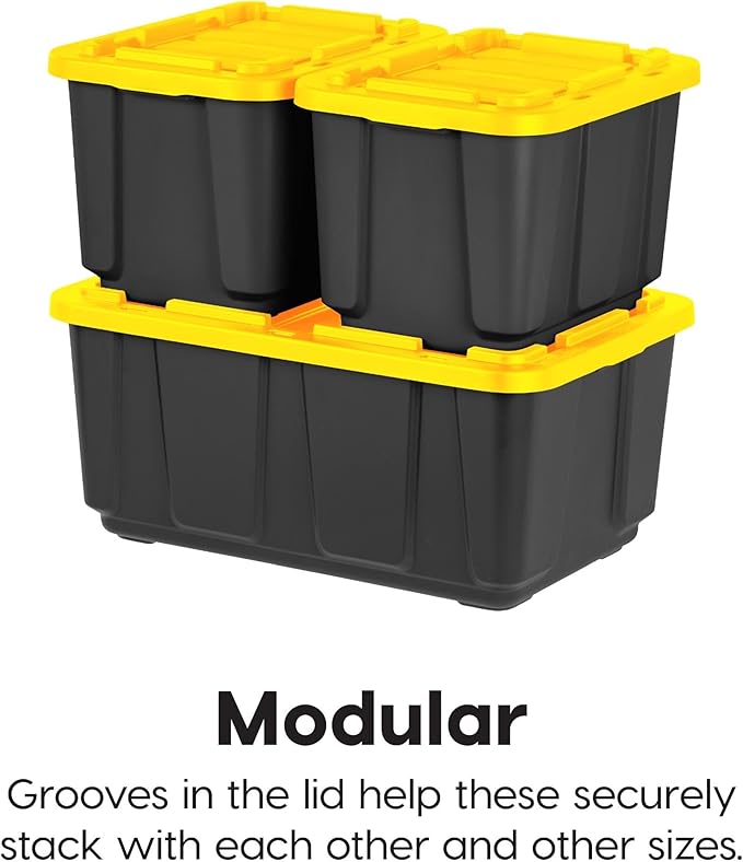 IRIS USA 4-Pack 12 Gallon Storage Bins with Lids |Made in USA| Heavy Duty Plastic Tote Containers for Truckbed Tool Box Organization Large - Black/Yellow
