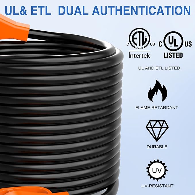Nilight 50 Amp 50FT RV EV Extension Cord 250V Heavy Duty 6/3+8/1 Gauge Pure Copper STW Wire UL ETL Listed 4 Prong Nema 14-50P 14-50R 50F/50M Cable Suit for RVs EVs Trailer Campers