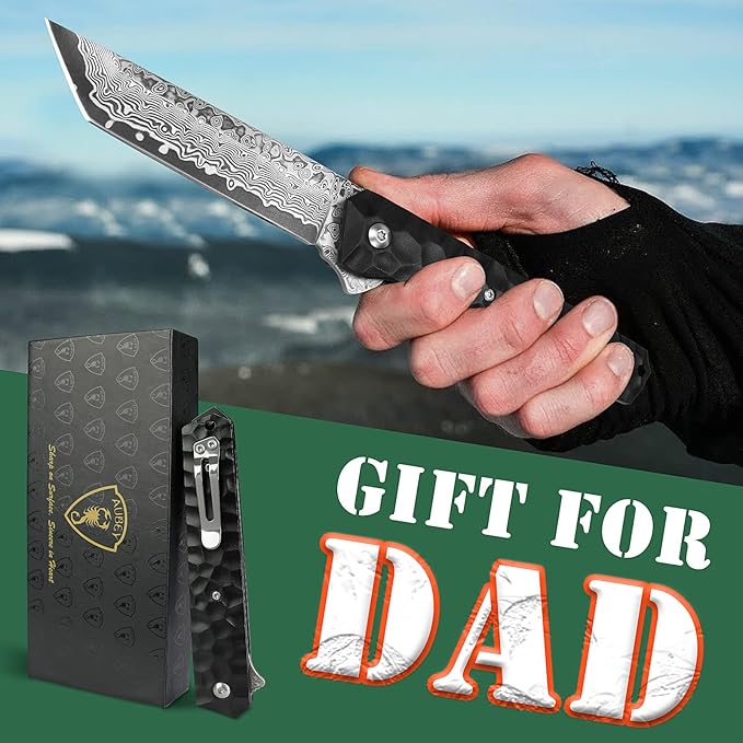 AUBEY Damascus Pocket Knife Tanto VG10 Core Damascus Steel Folding Knives with Ball Bearing Aluminum Alloy Non-Slip Handle and Glass Breaker EDC Damascus Knife for Men Women (Black)