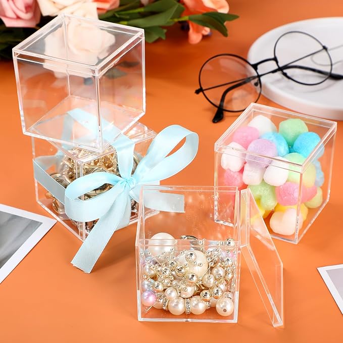 Thyle 100 Pieces Clear Acrylic Box with Lid 2.6 x 2.6 x 2.6 Inch Small Plastic Square Cube Containers Mini Clear Display Box Acrylic Gift Box Storage Box for Candy Pill Tiny Jewelry Gifts