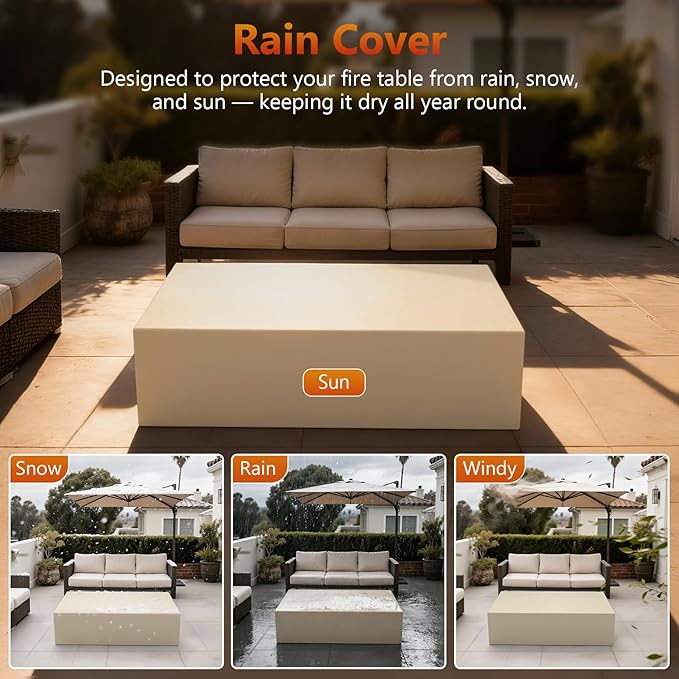 2-Piece 42 Rectangular Propane Fire Pit for Outside Patio with Hidden Tank Table 50000 BTU Fireplaces with Glass Wind Guard Lid Glass Rocks Cover(Grey Rock Veins)