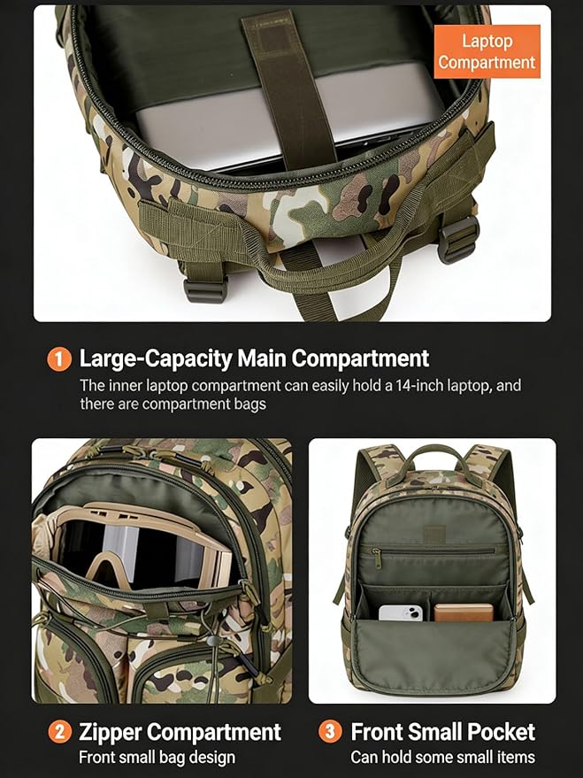 LINGYUE Tactical Camo Backpack Waterpoof Resistant Outdoor Hiking Travel Bagpack Daypack With 14 Laptop Compartment Multi-Pocket(F)