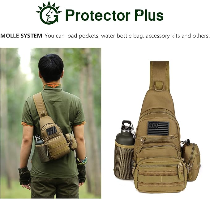 Protector Plus Tactical Sling Bag Military MOLLE Crossbody Pack Chest Shoulder Backpack with Water Bottle Holder Pouch EDC Diaper Motorcycle Bicycle Daypack (Patch Included)Brown