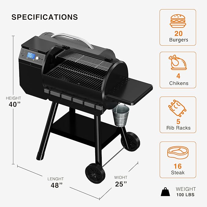 LCD Control Wood Pellet Smoker Grill 456 SQ. IN Cook Area Pellet Grill with Auto Feed &amp Leaking Waste 500°F Max Temperature 8 in 1 BBQ Grill with Meat Probe Side Table with Hooks(Black)