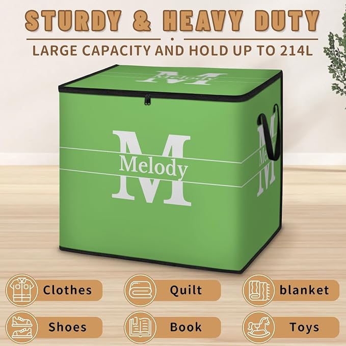 Personalized Extra Large Storage Basket with Lid Comforters Spring Green with Initial Letter Blanket Bedding Storage Bin for Home Collapsible Basket for Clothes Moving Car Trunk
