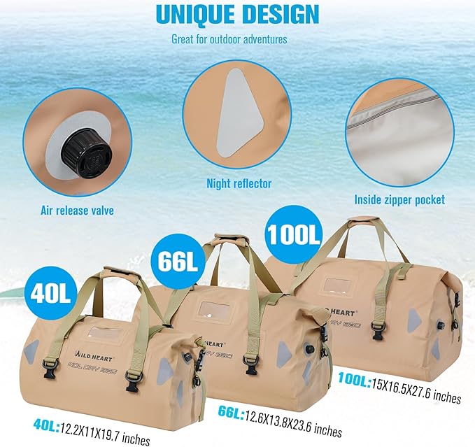 WILD HEART Waterproof Motorcycle Duffel Bag PVC500D Double-bottom With Rope Straps and Inner Pocket 40L 66L 100L for Kayaking Camping BoatingMotorcycle