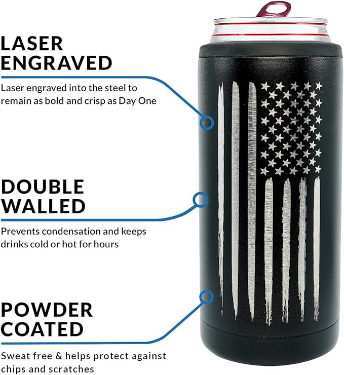 American Flag Skinny Can Cooler for Slim Beer &amp Hard Seltzer Cans | 12oz Stainless Steel Insulated Tall Can Cooler – Gifts for Veterans