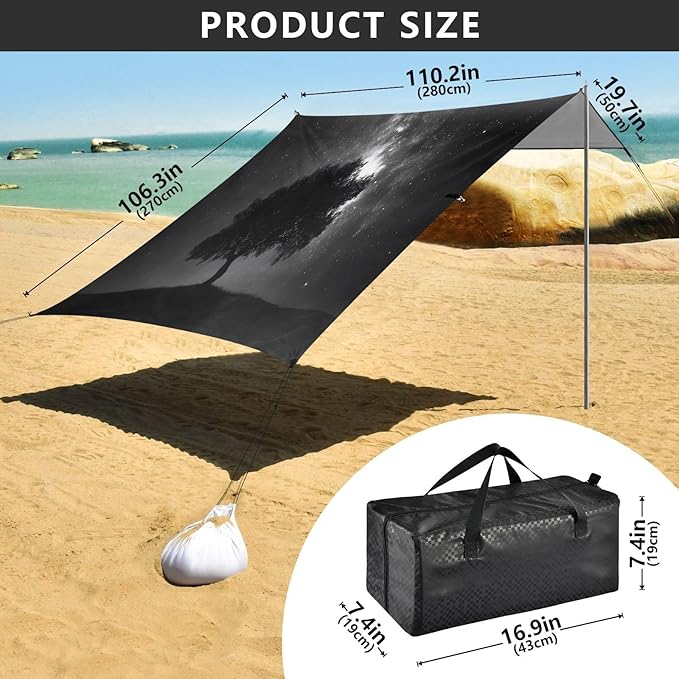 Galaxy Night Tree Beach Tent Sun Shelter Set UPF50+ UV Protection 10.5 x 9.19 FT Camping Shade Canopy with Sandbags Sand Anchors Carrying Bag and Others