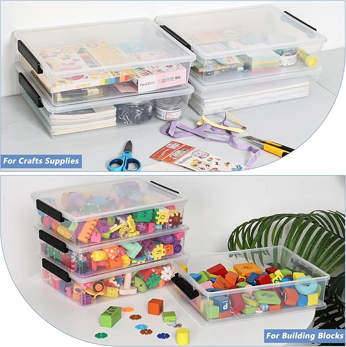 Wekioger 6 Quart Clear Flat Organizer Box with Lid Plastic File Storage Bin 4 Pack