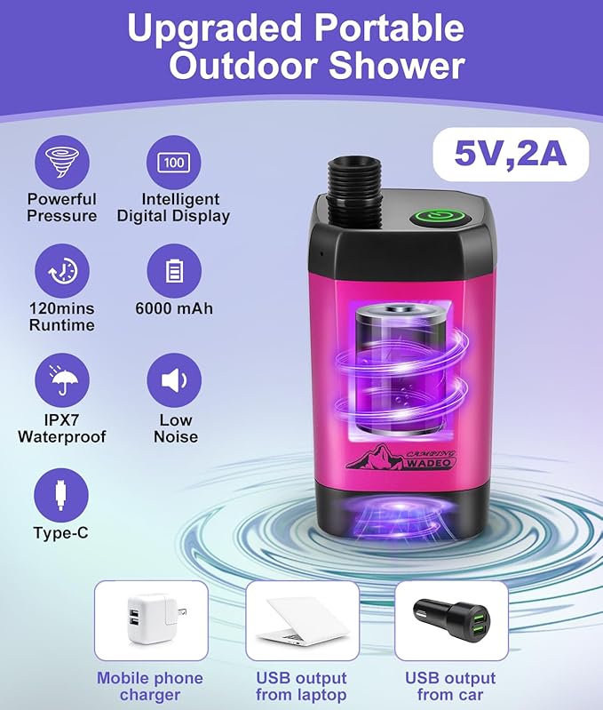 WADEO Portable Shower for Camping 6000mAh Outdoor Electric Shower Rechargeable Pump with Intelligent Digital Display Camping Shower Head Nozzle for Camping Hiking Traveling Washing