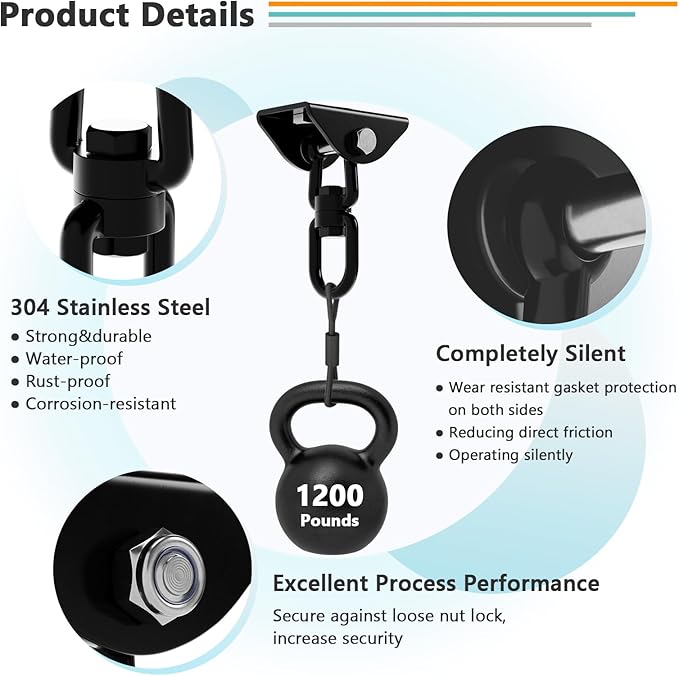 360°Rotating Hammock Hanging Kit Heavy Duty 1200 lb Capacity Stainless Steel Hanging Swing Hooks 2 Pack Swing Hanger for Yoga Hammock Chair Sandbag Swing Sets(Black