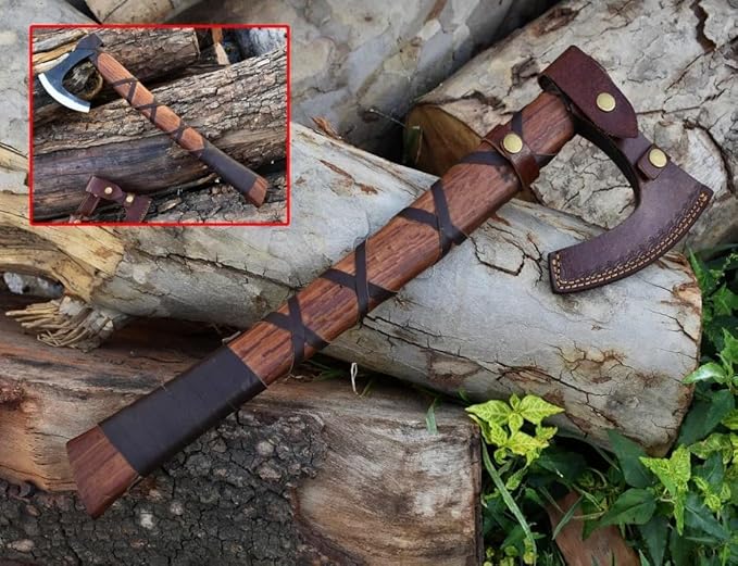 Ragnar Viking Axe - Hand Forged Carbon Steel Hatchet with Leather Sheath | Norse Bearded Axe for Camping Throwing Hunting Outdoor Survival | Gift for Men