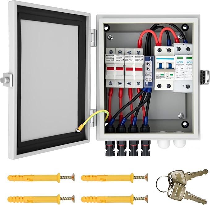 4 String Solar Combiner Box IP65 Waterproof PV Combiner Break for On/Off Grid Solar System with Lightning Arrester 15A Rated Current Fuse&amp 63A Circuit Breaker (Metal Box)