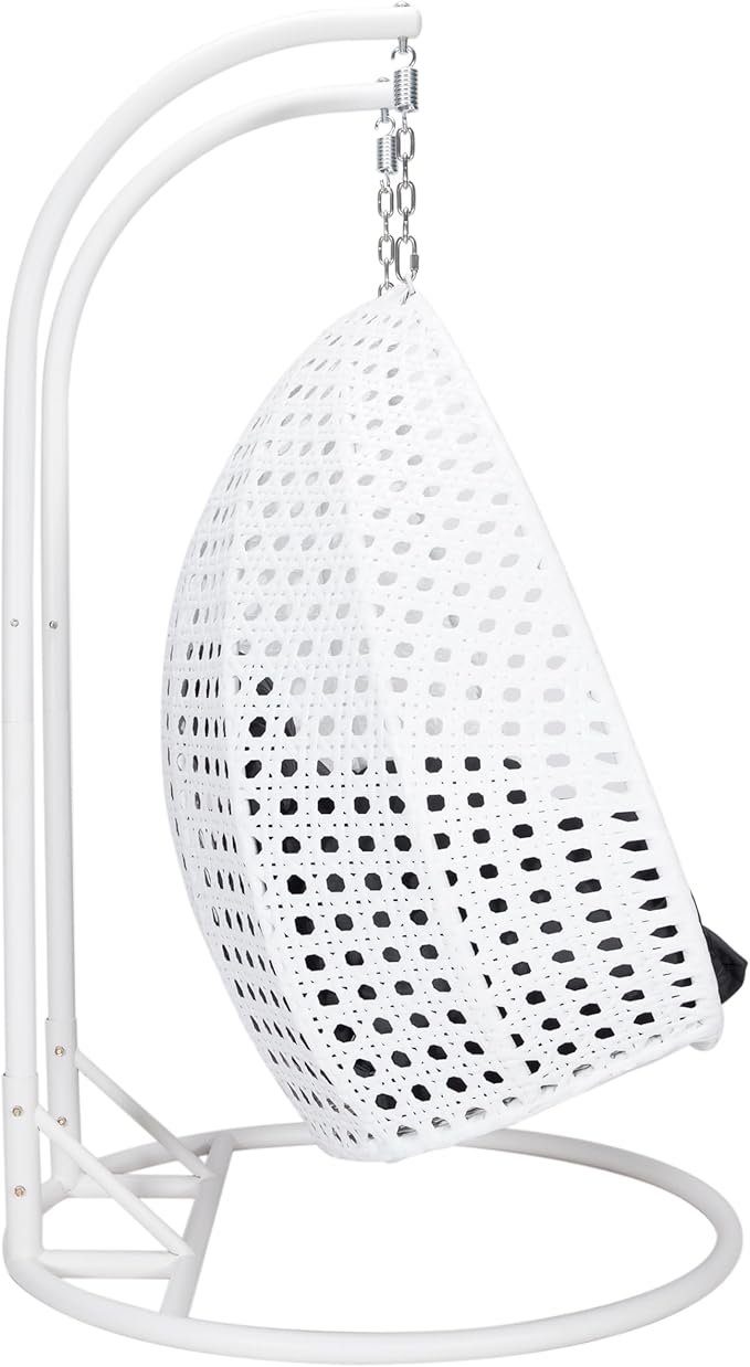 LeisureMod 2 Person Hanging Egg Chair Indoor Outdoor Patio Lounge Swing with White Stand &amp UV-Resistant Cushions Hammock Chair for Bedroom &amp Garden Black
