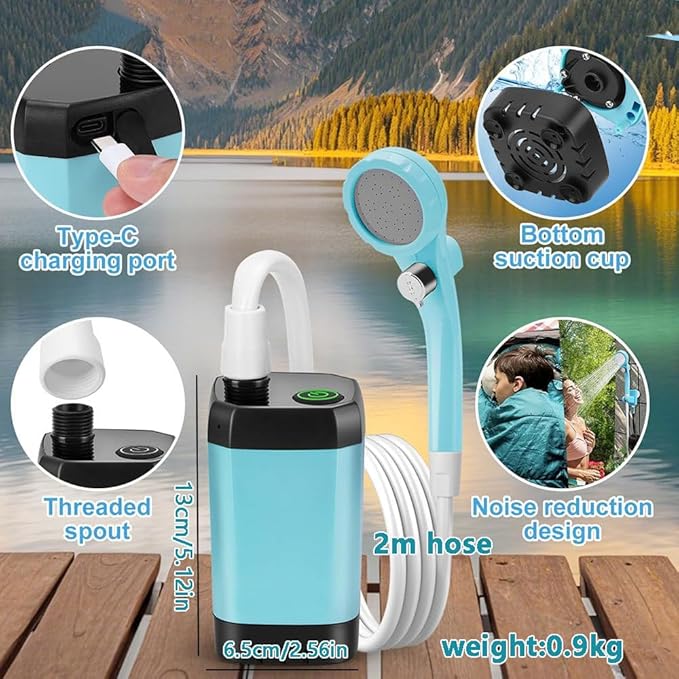Portable Camping Shower 6000mAh Rechargeable Camping Shower with Intelligent Digital Display Outdoor Camp Pump 4 Spray Modes Camping Shower Pump for Hiking Travel Car Pet GreenB