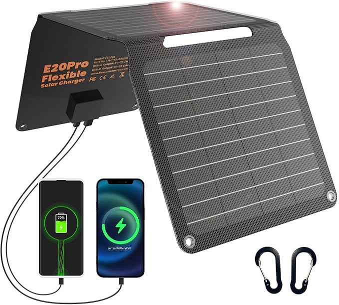 [Upgraded] FlexSolar 20W Portable Solar Panel High Efficiency ETFE Foldable Panels with 5V USB A/USB C Ports IP67 Waterproof Power Emergency Solar Charger for Phone Power Bank Camping Backpacking
