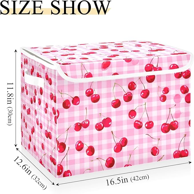 Storage Bins with Lids Storage Containers Box Organizer Bin Basket with Handles for Closet Shelves Clothes Stackable Foldable Decorative Pink Juicy Checkered Cherry