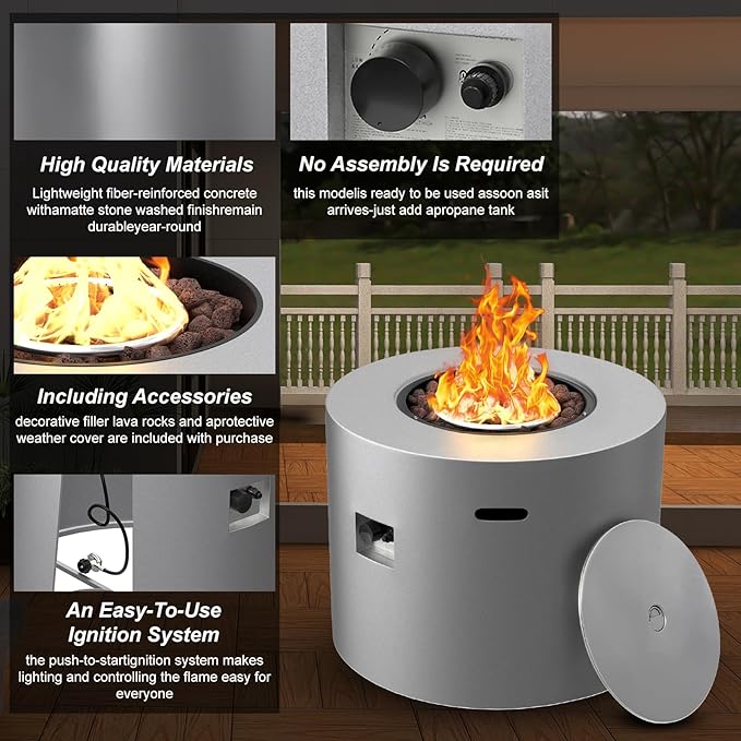 32 Smokeless Propane Fire Pit Table w/Lid Alloy Steel Round Outdoor Patio Firepit Table 50000 BTUs Lava Rocks Weatherproof Cover CSA Safety Certified for Wooden Deck Backyard and Pool