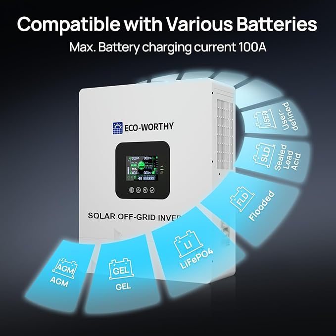 ECO-WORTHY UL1741 5000W 48V Solar Inverter Charger with WiFi 48V DC to 120V ACInversor Solar Built in 100A MPPT Solar Charge Controller40A AC ChargerWork with Lead Acid/LiFePO4Home Backup